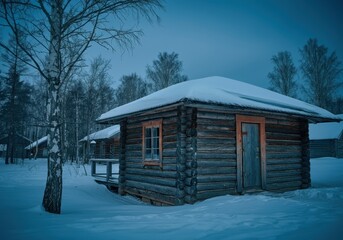 Snow-covered wooden cabin in wintery forest