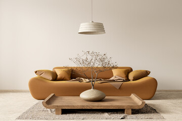 Boho style decorated livinig room. Modern authentic Interior design of living room with wooden...