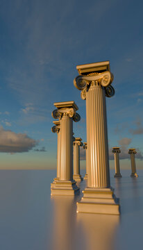 3D rendering of abstract columns under cloudy sky at sunset