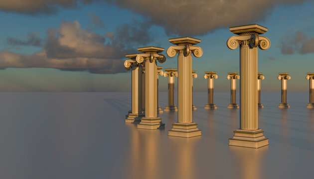 3D render of abstract columns under cloudy sky at sunset