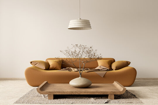 Fototapeta Boho style decorated livinig room. Modern authentic Interior design of living room with wooden furnitures. 3D illustration