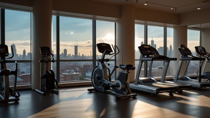 Fototapeta premium Modern gym with cardio equipment overlooking city skyline.