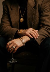 Stylish man with jewelry and glass of champagne in elegant attire