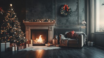 Holiday able with christmas tree and fireplace. with copy space