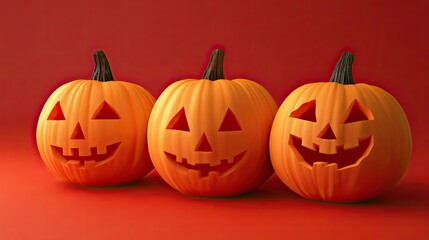 Three Carved Pumpkins with Smiling Faces on a Red Background