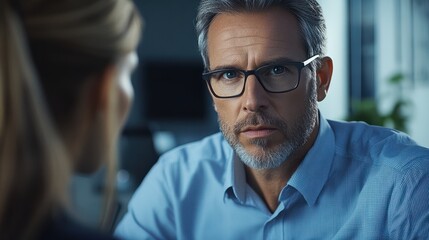 Fototapeta premium Image of mature businessman interviewing female.