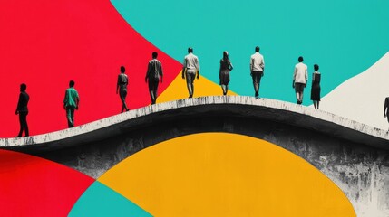 A bridge made of abstract shapes and colors, with figures from different backgrounds walking towards each other, cultural understanding and mutual respect