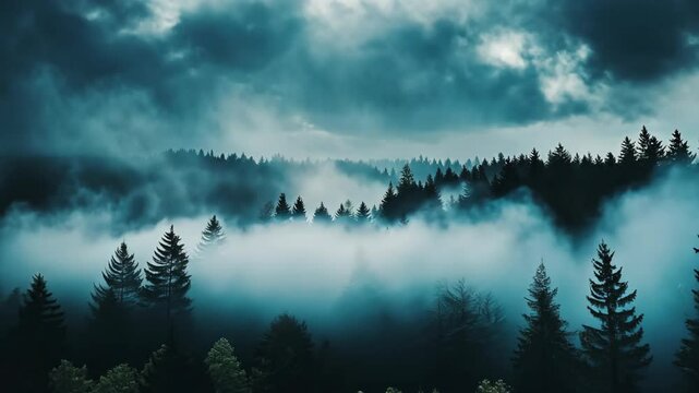 gorgeous aerial view of conifer forest with fog drifting around at morning time with fog	
