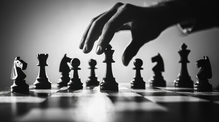 A chessboard with several pieces placed at strategic points, careful planning and backup strategies, with shadowy hands hovering over the pieces, ready to make the next move