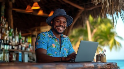 Blacked Man working remotely on beach, digital nomad lifestyle work-life balance virtual remote work Freelance