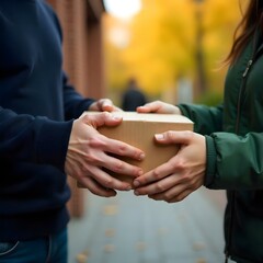 Close-Up Hands Exchanging Cardboard Package Outdoors in Casual Warm Clothing &ndash; Delivery and Logistics Concept