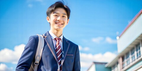 Good luck with your studies! Student in blazer happy and cheering on the rooftop or against a blue sky background, easy to use for images of cram schools, cram schools, entrance exams, etc.