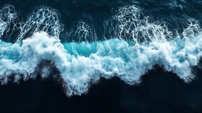 Aerial view of ocean waves crashing with white foam on deep blue water creating dynamic sea patterns and textures.