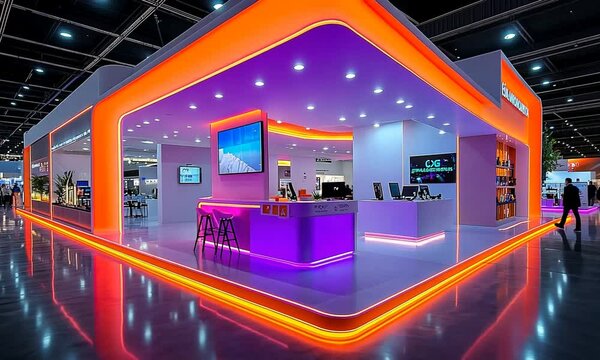 Modern exhibition booth with vibrant lighting and technology displays.