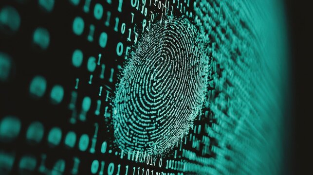 A digital fingerprint emerging from a flowing stream of binary code, with a corporate building faintly visible in the background, security and uniqueness in corporate identity
