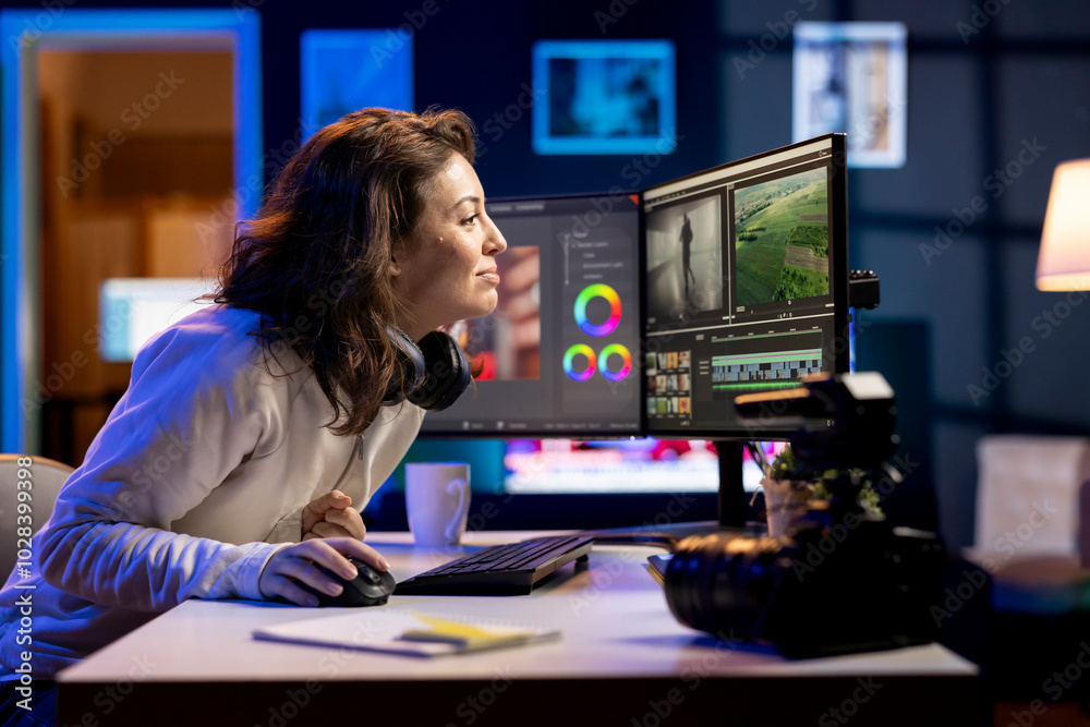 Poster smiling video editor selecting key frames to use while doing video montage, using specialized progra