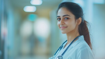 Fototapeta premium Portrait confident proud Indian professional therapist in medical uniform and stethoscope, standing in hospital on blurred background looking to side and smiling friendly. Medicine concept