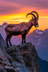 Obraz premium Majestätischer Steinbock bei Sonnenuntergang