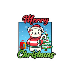  Merry Christmas Greeting with Cute Bear, Candy Cane, and Christmas Tree - Kawaii Holiday Vector