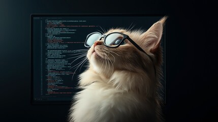 Fluffy cat wearing glasses in front of a computer screen displaying coding text in a dark room.