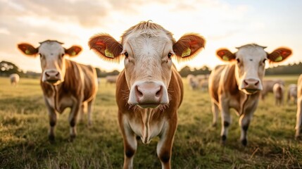 Three cows standing in a grassy field during sunset with green ear tags, facing the camera directly.