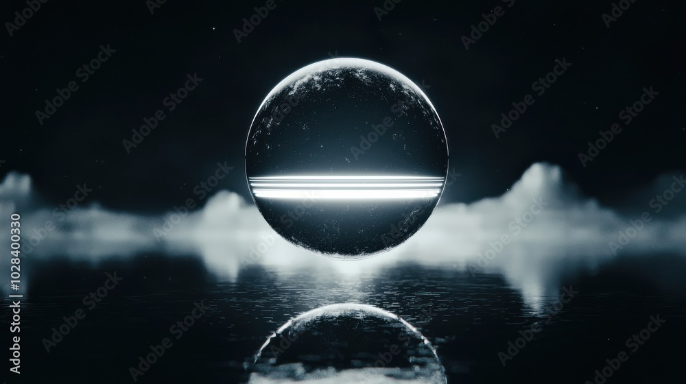 Wall mural a floating transparent sphere in the middle of a dark void, with light beams shining through it, rep