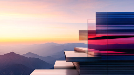 Modern architecture blends with nature as sunset colors the sky over mountain landscape