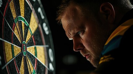 A competitive dart player focusing intently as they prepare to throw, highlighting the concentration required in the sport