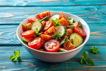 A bowl of salad with tomatoes, cucumbers, and mint