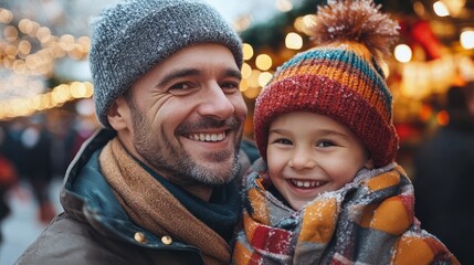 smiling father and son having fun at the christmas market during winter holidays