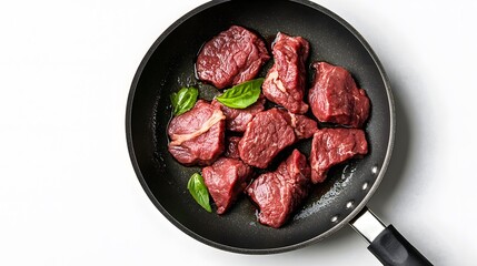 Beef milled meat flying from a pan on white background. 