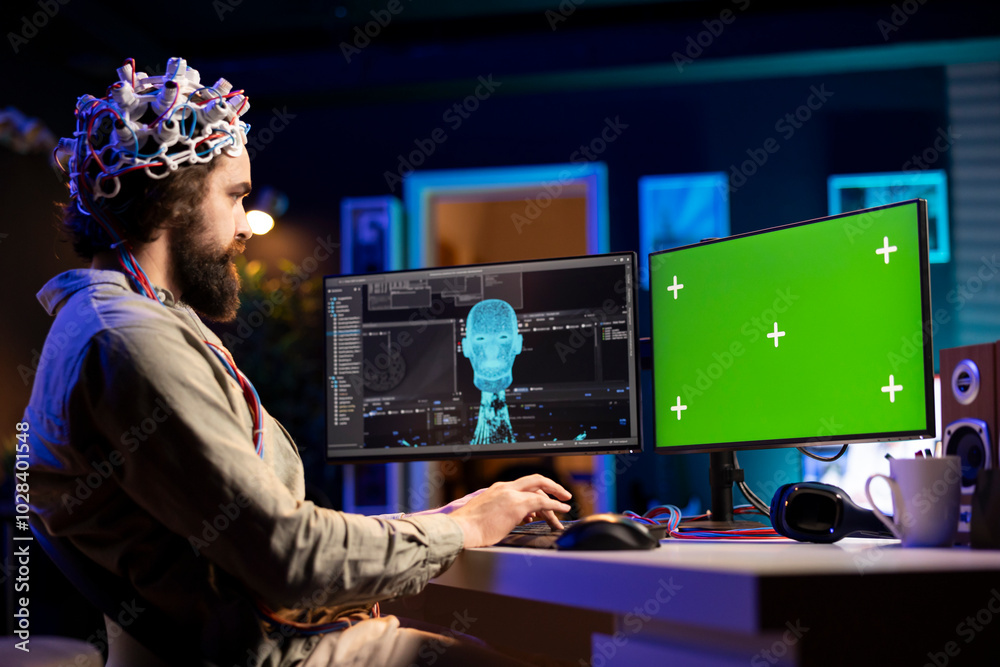 Poster man with eeg headset on writing code on green screen pc to transfer mind into virtual world, becomin