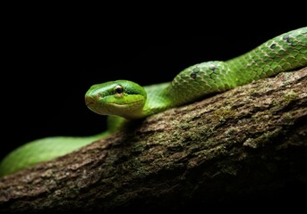 Fototapeta premium Vibrant green snake coiled on tree branch in dark forest setting