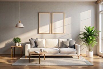 Fototapeta premium A living room with a white couch, a coffee table, and a potted plant