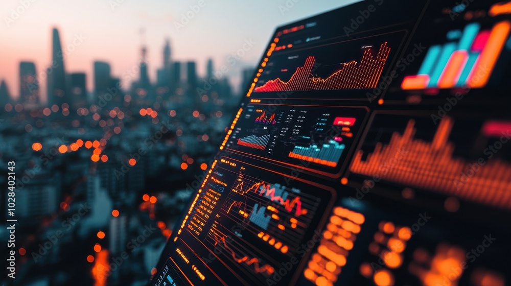 Poster a glowing digital dashboard with multiple data charts and graphs, floating in midair, with a sleek m