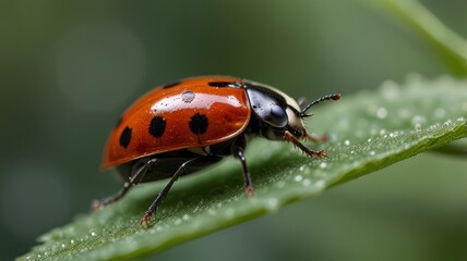 Fototapeta premium A red ladybug with black spots sits on a green leaf, close-up.