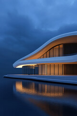 Fototapeta premium Modern architectural design reflected in water under a twilight sky beside a serene location