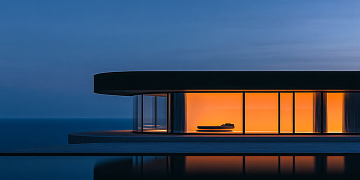 Modern architectural residence at twilight overlooking serene ocean waters