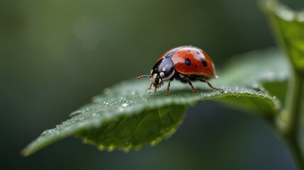 A ladybug with black spots sits on a green leaf with dew drops.