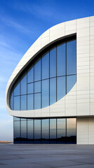 Obraz premium Modern architectural design featuring a large glass facade at sunset in an urban landscape