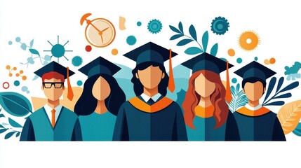 Obraz premium A group of college students, wearing graduation caps, celebrates after setting post-graduation career goals., flat design illustration
