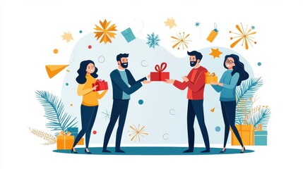 A group of friends exchange small gifts at a casual gathering, their smiles showing the positive energy and mutual appreciation., flat design illustration