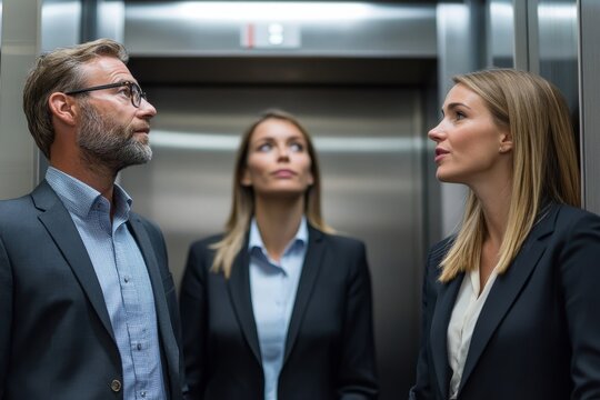 Businesspeople Discussing Standing Near Elevator, Generative AI