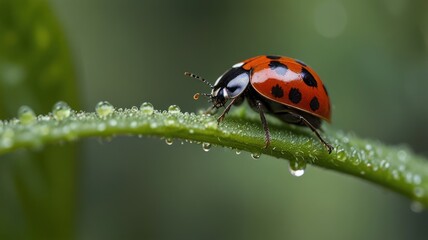 Fototapeta premium A ladybug with black spots on a red shell walks on a green leaf covered in dew drops.