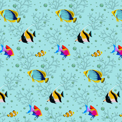 Fototapeta premium Pattern with colorful fish.Vector seamless pattern with colorful fish on a colored background with bubbles.