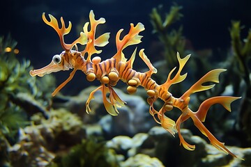 Fototapeta premium Close-up of a Leafy Seadragon Swimming in an Aquarium.