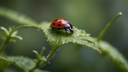 Obraz premium A ladybug with black spots and red shell sits on a green leaf with water droplets.