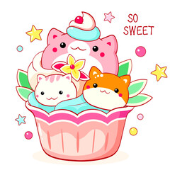 Cute cat-shaped dessert in kawaii style. Cake, muffin and cupcake with whipped cream and berry. Inscription So sweet. Can be used for t-shirt print, sticker, greeting card. Vector illustration EPS8
