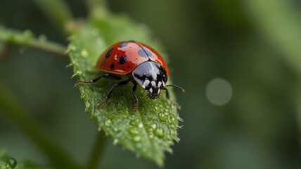 Fototapeta premium A ladybug with black spots on its red shell is perched on a green leaf covered in dew drops.