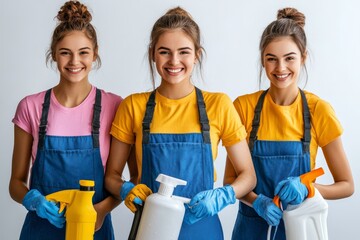 Portrait Of Happy Janitors With Cleaning Equipment, Generative AI